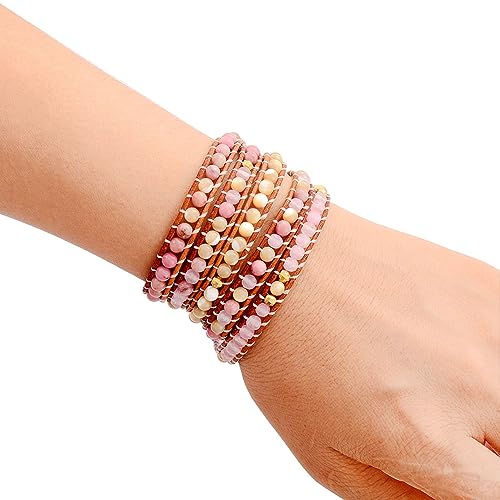 Boho Wrap Bead Bracelet for Women - Handmade Adjustable Natural Stone Beaded Bracelets Yoga Healing Bracelet Bangle Hippie Jewelry - color: Pink