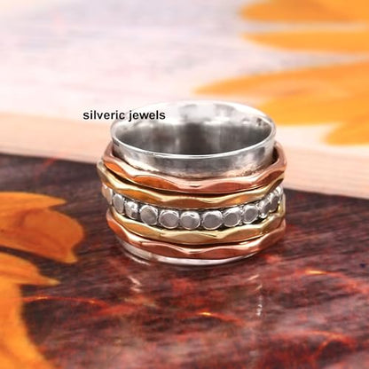 Solid 925 Sterling Silver Hammered Band Spinner Ring For Women Handmade Three Tone Fidget Anxiety Meditation Women Ring - size: 8