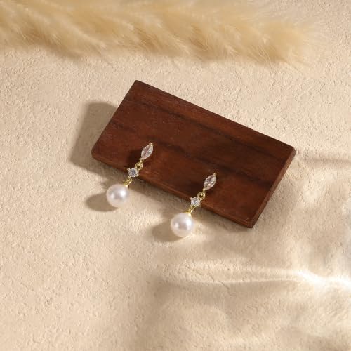 Pearl Earrings for Women:Gold Wedding Dangle Drop Earring Pearl Jewelry | 14K Gold Plated Pearl Drop Earrings for Women,Dainty Wedding Bride Earring Studs,Gold Dangle Drop Earring,Waterproof Jewelry - size: 1 pcs-17