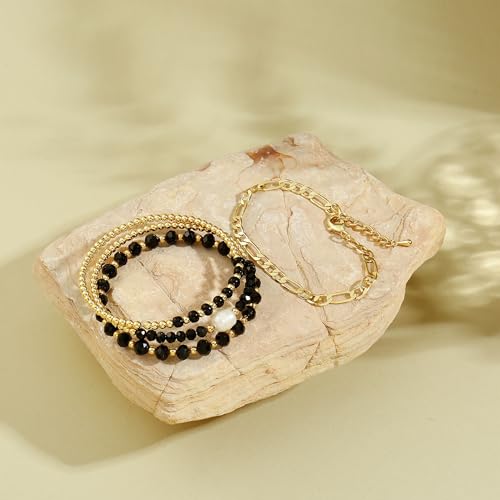 Badu Gold Beaded Bracelets for Women Boho Crystal Multiple Layered Stackable Wrap Bangle Set Paperclip Chain Trendy Jewelry - color: Gold-black