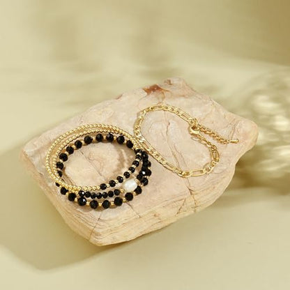 Badu Gold Beaded Bracelets for Women Boho Crystal Multiple Layered Stackable Wrap Bangle Set Paperclip Chain Trendy Jewelry - color: Gold-black