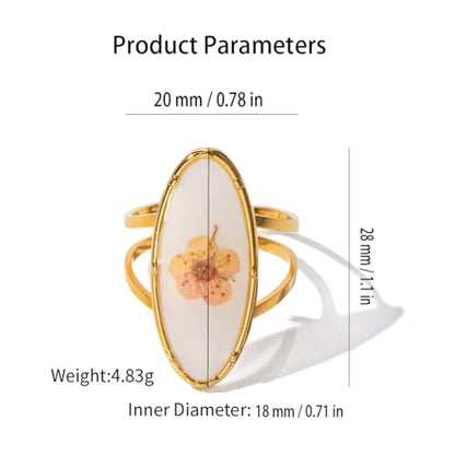 Hebelee Handmade Dried Flower Statement Ring for Women | Gold-Toned Stainless Steel,Adjustable,Pressed Blossom Forget-Me-Not Flowers Open Band Rings,Wedding Holiday Jewelry - color: Oval
