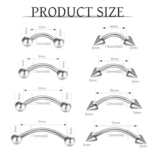 32 Pcs Eyebrow Piercing Jewelry Curved Barbell Piercing Rings Steel Vertical Labret Lip Jewelry Ear Helix Conch Daith Earrings Piercing Body Jewelry For Women Men 6mm/8mm/10mm/12mm