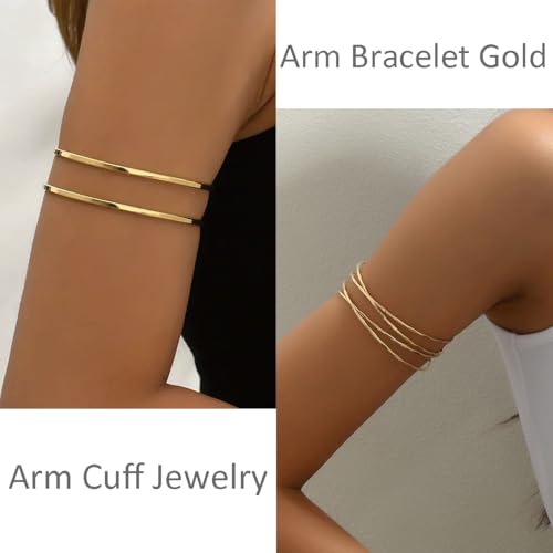 ItsStarred Minimalist Arm Cuff Gold Plated, Upper Arm Cuff Bangle Bracelet for Women, Adjustable Arm band Set 6 Pieces - color: A: 14K Gold Plated