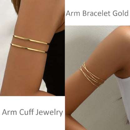 ItsStarred Minimalist Arm Cuff Gold Plated, Upper Arm Cuff Bangle Bracelet for Women, Adjustable Arm band Set 6 Pieces - color: A: 14K Gold Plated