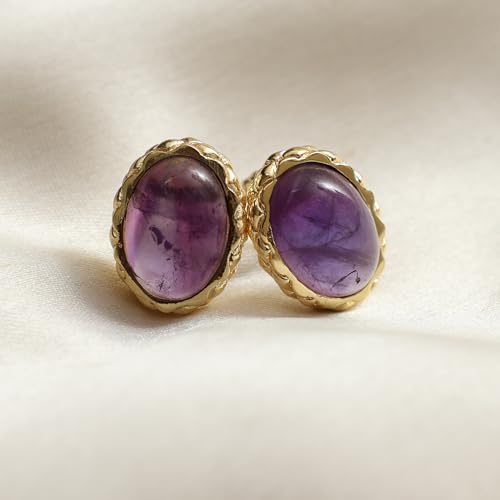 Gempires Bold Oval Gemstone Stud Earrings for Women – Natural Healing Stone Jewelry 14K Gold-Plated Hypoallergenic Tarnish-Resistant – Bold Statement Studs Gift for Her - style: Amethyst