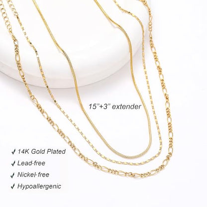 wgoud Gold Necklace for Women Waterproof,14K Real Gold Plated Herringbone Choker Necklace for Women Trendy, Dainty Gold Chain Necklaces Stack,Simple Layered Gold Necklaces for Women Jewelry Gifts - color: 3Pcs Gold Necklace A