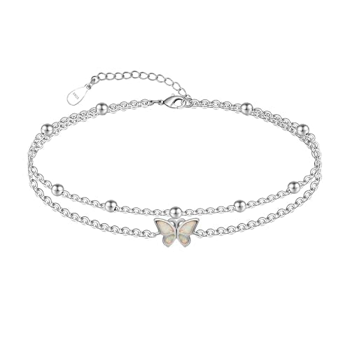 CHIC & ARTSY 925 Sterling Silver Ankle Bracelets for Women, Adjustable Layered Foot Chains with Nature & Symbol Charms, Lightweight Comfort Fit Boho Beach Everyday Jewelry - color: Butterfly/silver