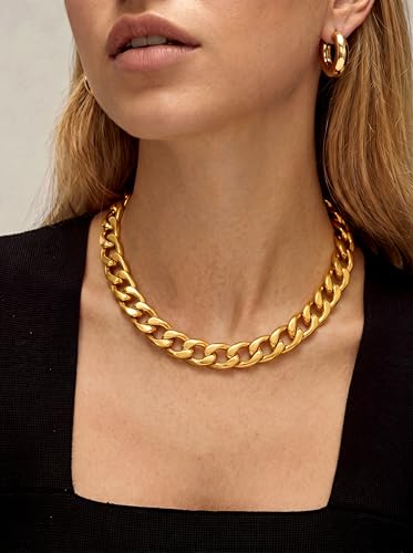 sailimue Chunky 18K Gold Plated Necklace Non Tarnish Heavy-Duty Stainless Steel Cuban Link Chain for Women Men Hypoallergenic Thick Choker Chain Necklaces Unisex Statement Jewelry Gift 9/13/15mm - color: Gold