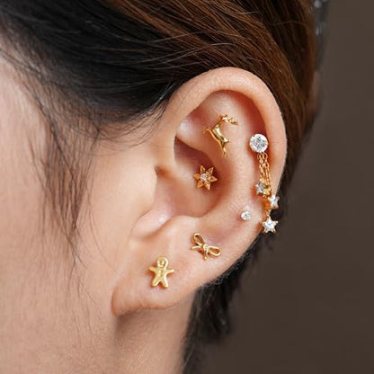 FINE4U Cartilage Christmas Piercing Jewelry 16G 6mm 8mm - ASTM F136 Titanium, Flat Back Labret Stud for Helix Flat Lobe, Elk Minimalist Earring, Squirrel Earrings - color: Deer - Tit