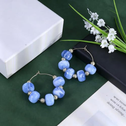 Colorful Beaded Earrings for Women Beaded Hoop Earrings | Chunky Acrylic Resin Boho Statement Drop Earrings Trendy Summer Beach Jewelry Accessories Gifts - color: Blue