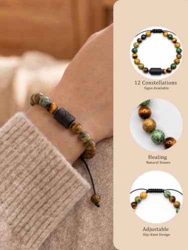 Zodiac Bracelet for Women and Men, Zodiac Sign Natural Stone Beaded Bracelet, Adjustable Horoscope Astrology Bracelet with Zodiac Card, Birthday Gift for Her Him - color: Aries