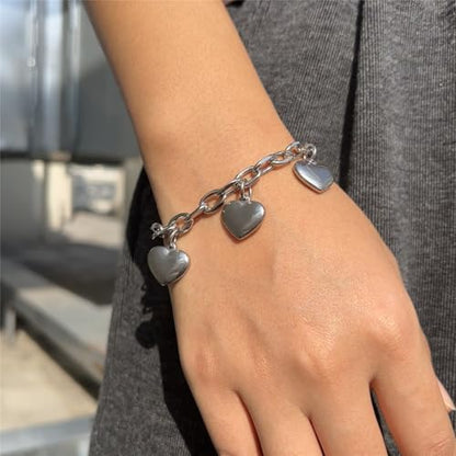 Stainless Steel Heart Charms Bracelet for Women | Chain Tassel, Love Charms, Chunky Link, Romantic Gift - color: Silver