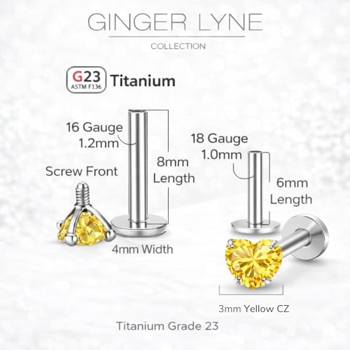 Titanium Heart CZ Labret Stud Earrings for Piercings by Ginger Lyne 6Pc Set G23 Screw Front Flat Back Body Jewelry 2 pair post 6mm, 8mm Cartilage, Helix, Tragus, Lip, Conch, Lobe - color: 3mm-Yellow