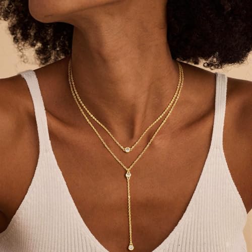 14K Gold Plated Layered Lariat Necklace for Women - Waterproof Non-Tarnish Dainty Gold Chain Necklace, Long Boho Statement Jewelry for Wedding, Prom, Summer Vacation Gifts - color: Layered CZ Y Necklace-Gold