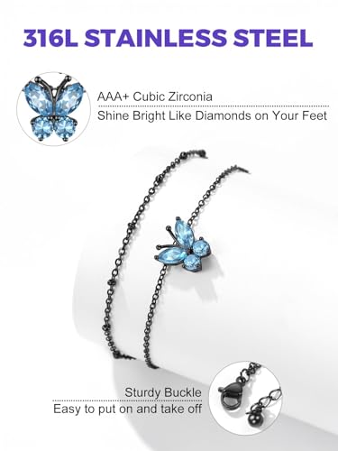 Richsteel Double Layer Heart/Butterfly Birthstone Anklet for Women | Non Tarnish Waterproof, Silver/Gold/Black Stainless Steel 8.5-10.5 Inch Adjustable Chain Anklets Summer Beach Foot Jewelry - color: Black Butterfly-03 Mar.(Aquamarine)