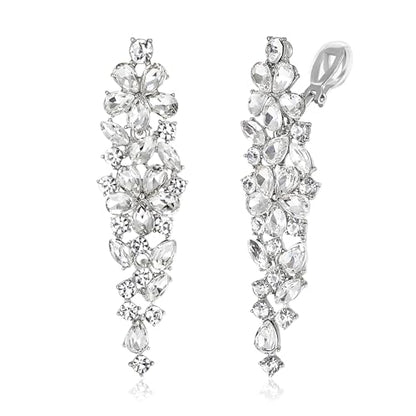 EleQueen Women's Sparkle Statement Clip-On Chandelier Earrings | Marquise Crystals Earrings for Women, Art Deco Prom Jewelry for Wedding Bride Bridesmaid - color: White Silver-Tone
