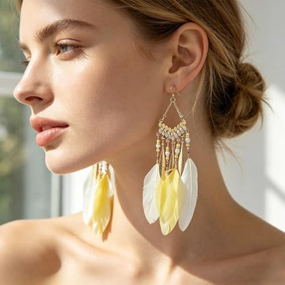 Faux Feather Fringe Tassel Long Dangle Earrings for Women | Bohemian Women Tassel Drop Jewelry - color: yellow