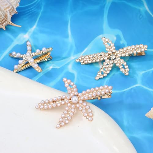 3PCS Starfish Hair Clips for Women Sparkly Crystal Pearl Hair Barrettes Gold Tone Ocean Themed Hair Accessories for Beach, Summer Vacation, Costume Party, Daily Wear