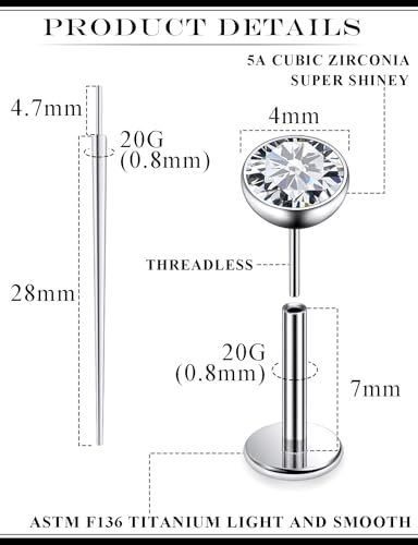 20G 18G 16G F136 Titanium Threadless Flat Back Earrings Nose Studs Tragus Forward Helix Conch Cartilage Lobe Earrings Medusa Labret Snake Bite Monroe Lip Ring Piercing Jewelry For Women Men - size: 20G-7MM Bar-CZ 4MM