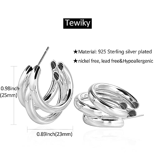 Chunky Gold Hoop Earrings for Women 14k Gold Plated Thick Triple Earrings | Hypoallergenic Trendy Chunky Gold Hoops Earrings,Dainty Jewelry Gifts for Women - style: Silver Triple-Layer Overlap Earrings (Small)
