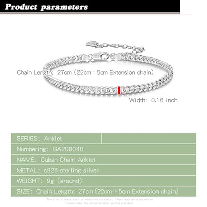 Dankadi 925 Sterling Silver Anklets Bracelet Women/Men Waterproof Simple Durable Chopin Chain/Cuban Link/Figaro/Box/Twist Rope Chain For Beach Foot Jewelry Gift - color: 4MM Cuban Chain, size: 27cm