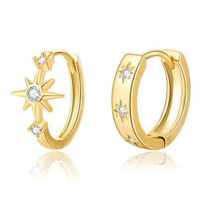 DAILY VIBES Dainty Small Star Huggie Hoop Earrings for Women Trendy | 925 Sterling Silver Post, 14K Gold or Silver Plated, Mini Cubic Zirconia, Cartilage Hoop Earrings - color: Gold Asymmetric Star