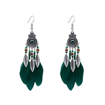 Boho Western Earrings for Women Western Feather Earrings Vintage Concho Turquoise Teardrop Dangle Earrings Country Concert Jewelry Accessories - style: Green feather
