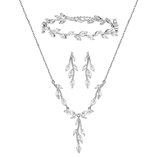 SWEETV Jewelry Set for Women, Cubic Zirconia Marquise Vine Cluster Bridal Earrings and Necklace Set, Bridal Jewelry Set for Wedding Prom - color: S09 Silver