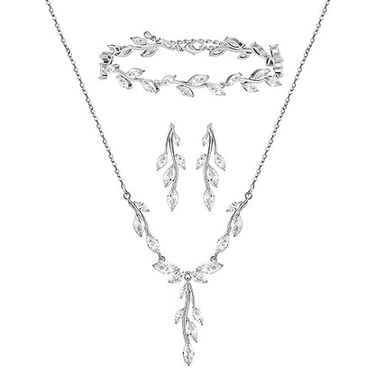 SWEETV Jewelry Set for Women, Cubic Zirconia Marquise Vine Cluster Bridal Earrings and Necklace Set, Bridal Jewelry Set for Wedding Prom - color: S09 Silver