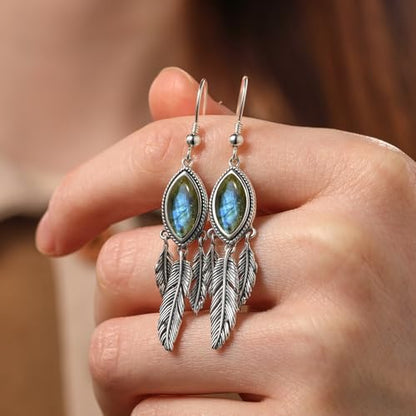AVECON Turquoise Dangle Earrings for Women, Sterling Silver Feather Jewelry | Genuine Western Marquise Boho Pierced, Native American Jewelry with Hook and Leaf, for Cowgirl & Cowboy - color: Labradorite
