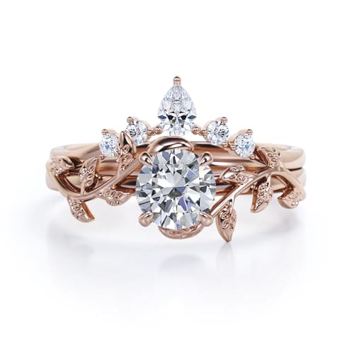 Center 1 CT Round Cut Floral Moissanite Wedding Rings Sets for Women Leaf and Vine Art Deco Engagement Ring Sets in S925 Sterling Silver 10K 14K 18K Gold with Text Engraving - color: Style C