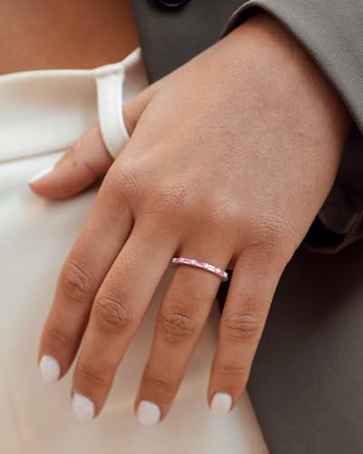 925 Sterling Silver 1.5mm Thin Baguette Stackable Rings for Women | Created Ruby/Sapphire/Emerald/Cubic Zirconia,Dainty Wedding Band Birthday Anniversary Jewelry(with Gift Box) - color: 06-Created Pink Sapphire & CZ