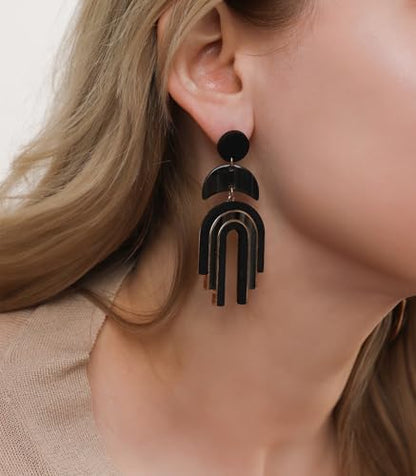 Ozel - Natural Wooden Acrylic Boho Drop Dangle Earrings for Women - Geometric Statement Jewellery - Brown, Black, Magent Red, Olive Green, White beige - color: Arch_Black