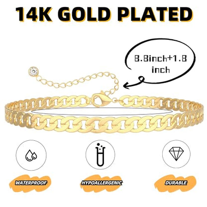 Ankle Bracelets for Women Waterproof 14K Gold/Silver Plated Chain Anklets | Trendy Gold Anklets,Layered 14K Gold Plated Stackable Chunky Cuban Link Chain Anklet Bracelet Set,Summer Beach Jewelry Gift - color: 1 cuban-gd