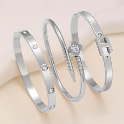 3Pcs Gold Bracelets for Women 14K Gold Plated Love/H/Nail Bangle Bracelet Dainty Non Tarnish Bracelet Jewelry Christmas Mothers Day Gifts for Women - color: 3Pcs Silver/Grey H bracelet