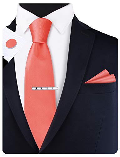 GUSLESON New 3.15"（8cm） Solid Color Necktie and Pocket Square Cufflinks Clip Set - color: Coral Pink