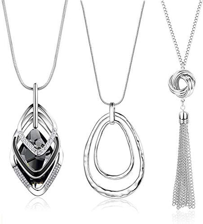 3PCS Long Pendant Necklaces for Women Disk Circle Pendant Triple Stack Pendant Necklace Tassel Sweater Necklace Statement Necklace Y Necklaces Set - color: Silvertone A