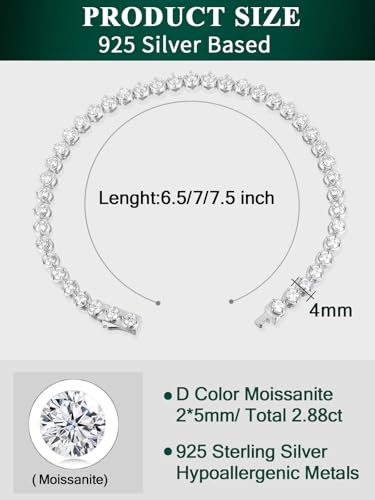 Sterling Silver 14K Gold Plated 2.5mm/3mm/4mm/5mm Round Cut Moissanite Tennis Bracelet, Classic Luxury Bezel Set Diamond Bracelets for Women Men Wedding Birthday Jewelry, Size 6.5" 7" 7.5" 8.3" - color: 2.5mm Width-Moissanite-Silver, size: 7.0 Inch (Fit W