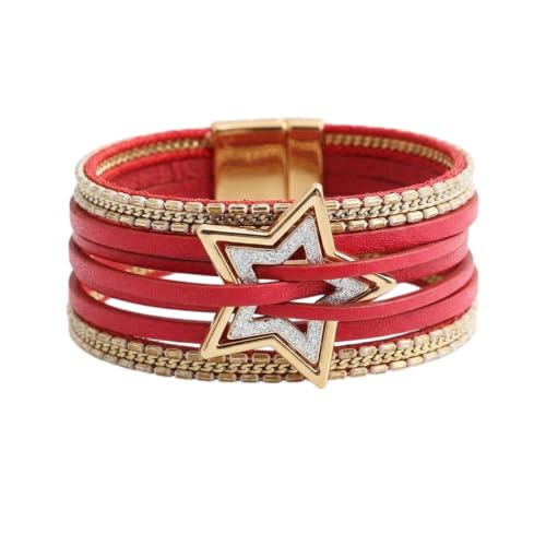 Leather Wrap Bracelets for Women Boho Layered Cuff Bracelets Bling Bohemian Jewelry - color: Burgundy