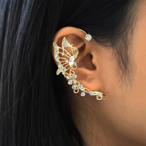 2Pcs Butterfly Ear Cuffs Rhinestone Clip On Earrings | Rhinestone butterfly ear cuffs with non piercing clip on design; silver ear wrap climber jewelry for parties and weddings - style: Style A Gold