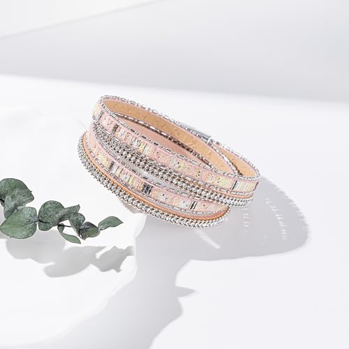 Boho Double Wrap Leather Bracelets Stackable Layered Western Hippie Jewelry | Colorful Stacked Bohemian Statement Chunky Magnetic Clasp Cuff Bangles Cowgirl Country Summer Beach Outfits for Women Trendy - color: Pink
