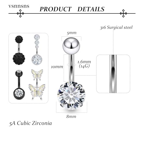 Vsnnsns 14G Belly Button Ring Piercing Jewelry 316L Stainless Surgical Steel Heart CZ Pearl Butterfly Flower Navel Rings Dangle Belly Button Ring Navel Piercing Jewelry for Women Men Hypoallergenic - color: Silver&Black B