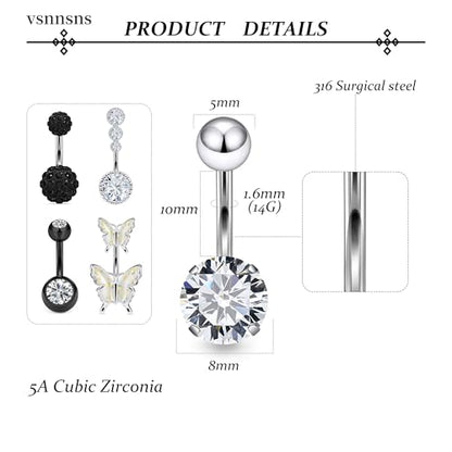 Vsnnsns 14G Belly Button Ring Piercing Jewelry 316L Stainless Surgical Steel Heart CZ Pearl Butterfly Flower Navel Rings Dangle Belly Button Ring Navel Piercing Jewelry for Women Men Hypoallergenic - color: Silver&Black B