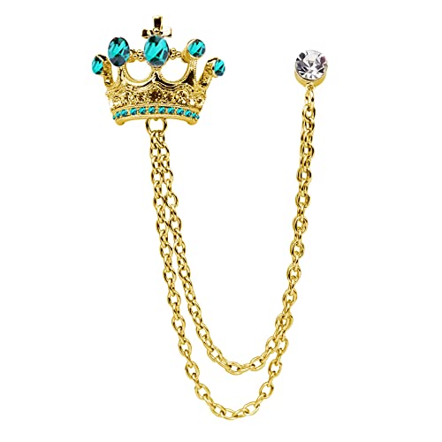Crystal Crown Hanging Chain Brooch Suit Pin,Vintage Gold Crown Brooch,Suit Stud,Shirt Studs,Lapel Pin Accessories for Men Women - color: Gold Green