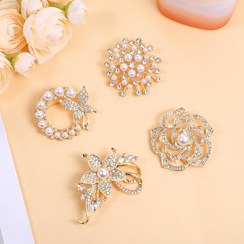 4pcs Brooches and Pins for Women, Flower Brooch, Crystal Pearl Brooch, for Women Fashion Accessories - style: Classic