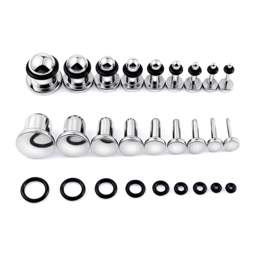 9 Pairs Ear Stretching Kit Stainless Steel Ear Plugs Ear Gauges Ear Expanders Set Flat Back Earring Stretching O-Shaped Rings Body Piercing Jewelry for Men Women 14G-00G - color: Silver