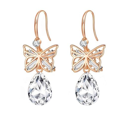 Austrian Crystal Teardrop Butterfly Drop Dangle Earrings for Women 14K Rose Gold Plated Hypoallergenic Jewelry - color: Clear White