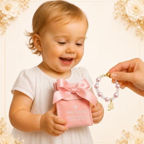 Baby Crystals Custom 14K Gold-Plated Initial Bracelet Charm, Birthday Keepsake Jewelry - style: Pink Pearls Clear Crystals