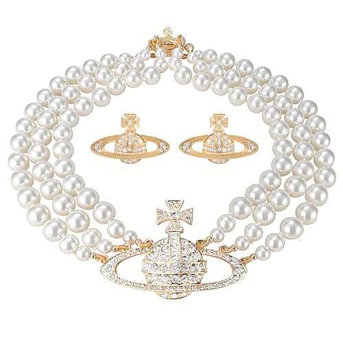 Dreuyet Saturn Pearl Necklace and Earrings Set Crystal Planet Earrings Dainty Artificial Pearl Choker Necklace Charm Gifts for Mum Wife Wedding Birthday Anniversary - color: 3 Layered Pearl Gold